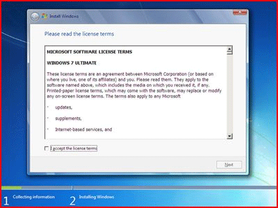 Windows 7 Setup Screen, Accept License